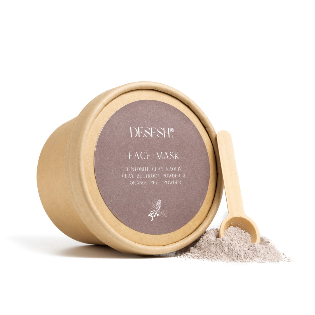 This image shows the Desesh US-made spa quality mineral face mask powder as an alternative to single use face mask sheets for a more environmentally friendly zero waste plastic free self care face mask routine. Shown here is the beetroot face mask