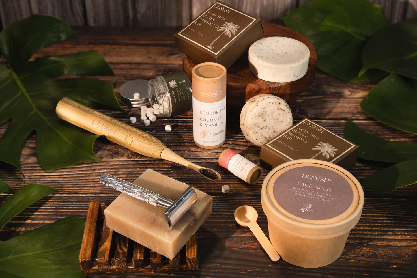 This image shows a metal reusable safety razor for body and face shaving as a plastic free alternative to disposable razors. It comes with replacement blades. It is designed for eco friendly zero waste plastic free more sustainable shaving. This image shows the metal safety razor along with other plastic free more sustainable eco friendly zero waste products that Desesh offers