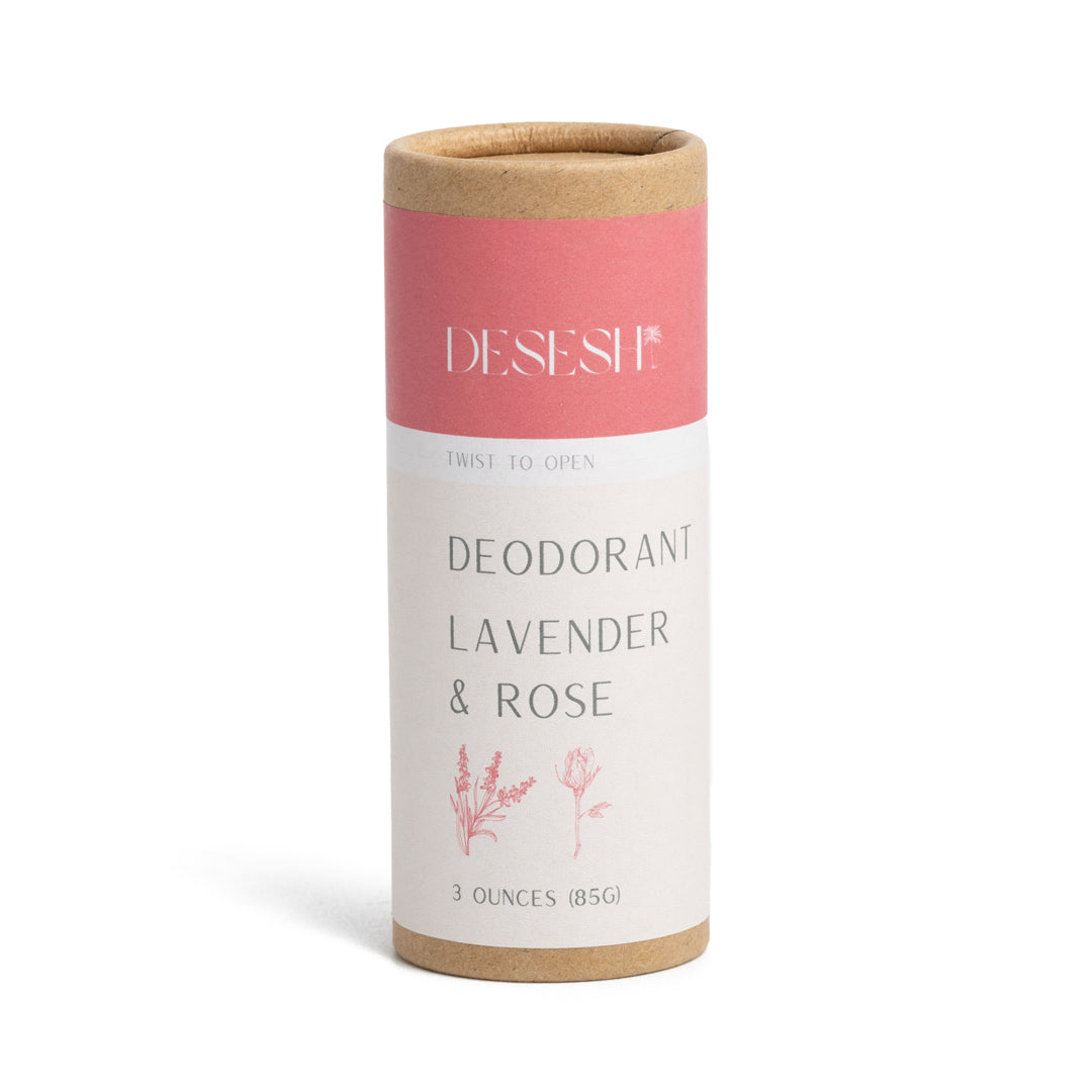 This image shows the Desesh plastic free aluminum free natural deodorant. In this image is the lavender and rose scent which uses essential oils