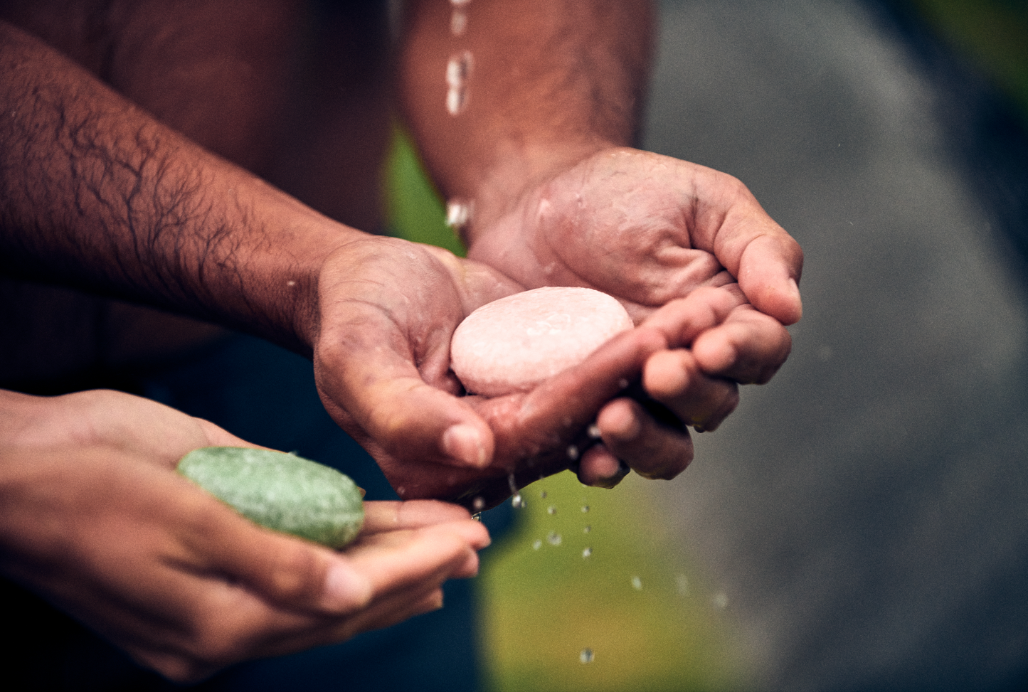 This image shows salon quality Argan Oil Shampoo bars with plastic free biodegradable packaging for a more sustainable eco friendly zero waste hair care routine. In the image two people are holding a Tea Tree and Mint solid shampoo bar and a Lavender and Lime solid shampoo bar and are applying water to them before washing their hair.