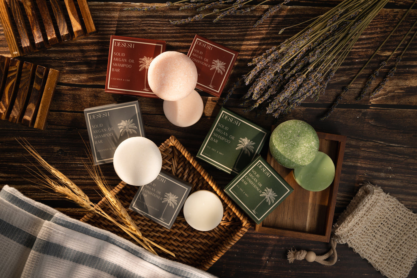 This image shows salon quality Argan Oil solid conditioner bars with plastic free biodegradable packaging for a more sustainable eco friendly zero waste hair care routine. Shown here are the three Argan oil solid shampoo and conditioner bars