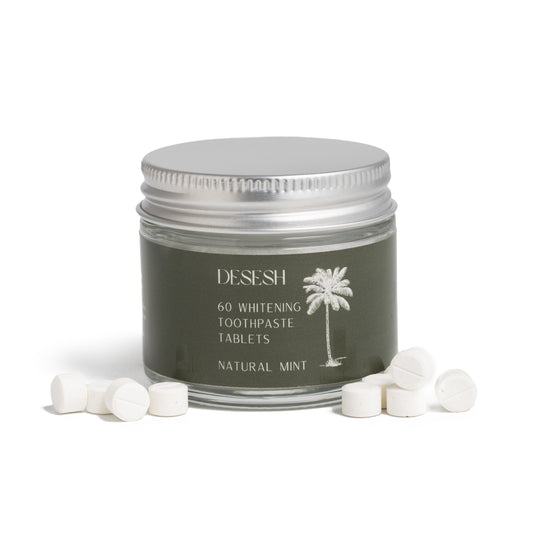 1 month supply of US-made fluoride-free mint toothpaste tablets in a glass jar.