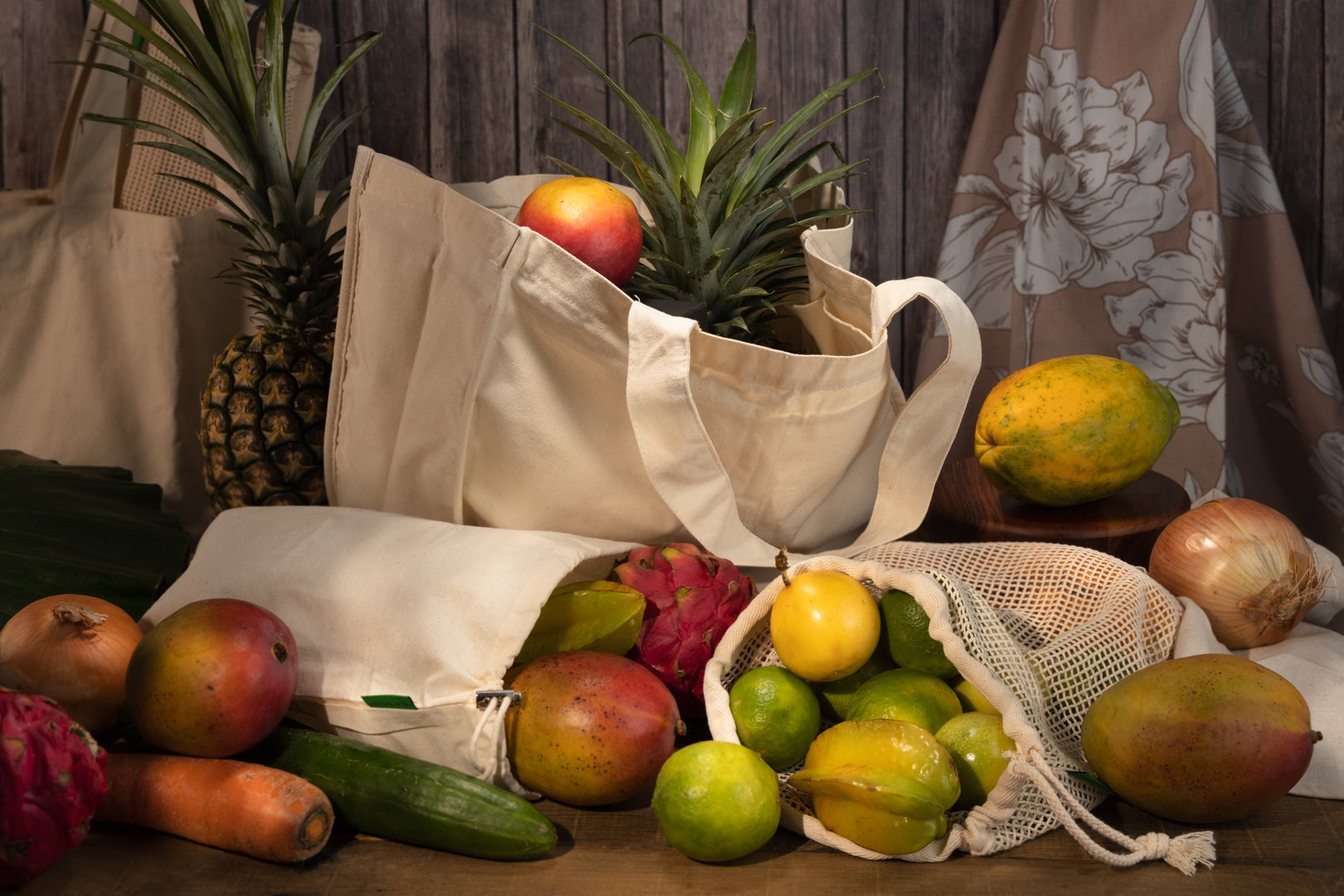 This image shows the Desesh reusable unbranded cotton grocery tote bag for a more sustainable eco friendly plastic free daily routine. In the image the bags are full of fruit and groceries