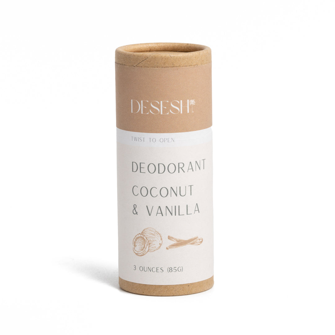This image shows the Desesh plastic free aluminum free natural deodorant. In this image is the coconut and vanilla scent which uses essential oils