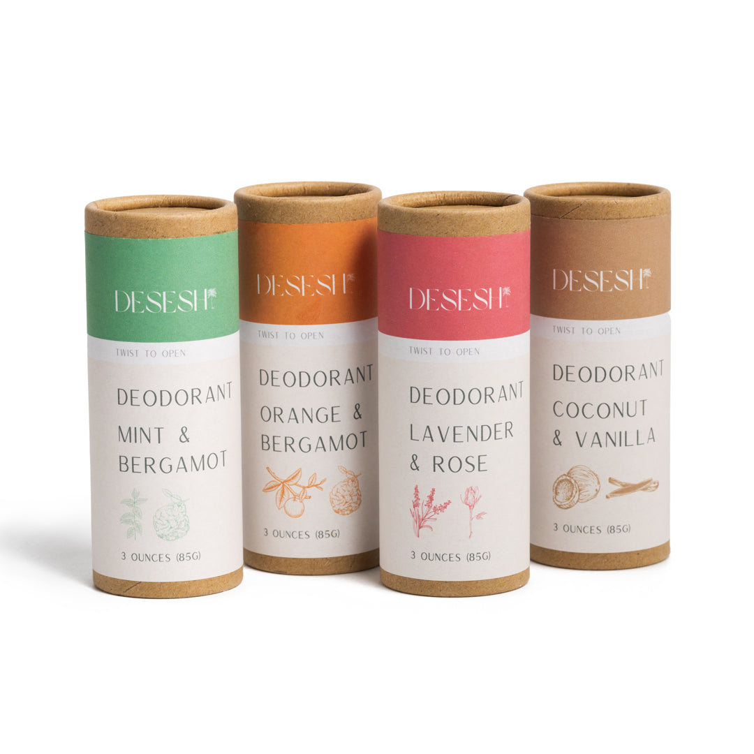 This image shows the Desesh plastic free aluminum free natural deodorant. In this image is the four scent options which uses essential oils