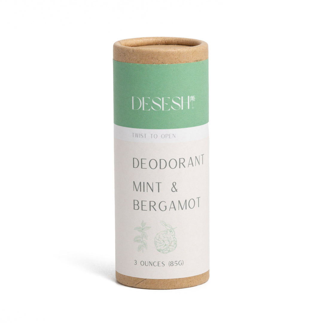 This image shows the Desesh plastic free aluminum free natural deodorant. In this image is the mint and bergamot scent which uses essential oils