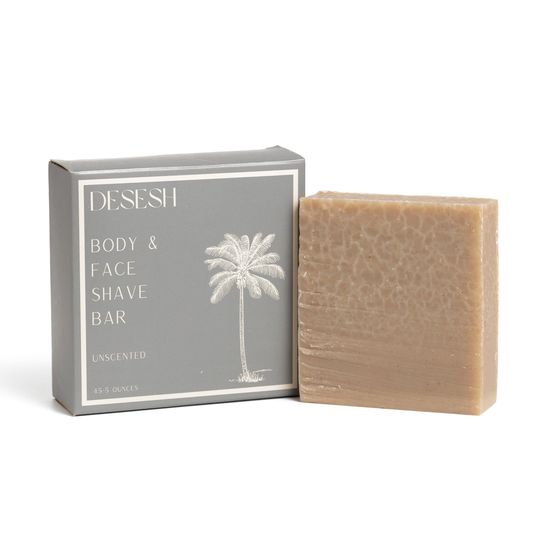 This image shows the Desesh premium quality solid body and face shave soap bar as an alternative to cans of shave foam or cream. This is a more eco friendly sustainable zero waste option and the shave bars come in biodegradable packaging. Shown here is the unscented shave soap bar that has no added fragrances