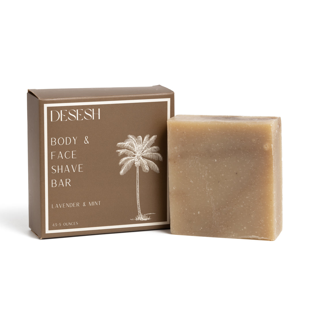 This image shows the Desesh premium quality solid body and face shave soap bar as an alternative to cans of shave foam or cream. This is a more eco friendly sustainable zero waste option and the shave bars come in biodegradable packaging. Shown here is the lavender and mint solid shave soap bar