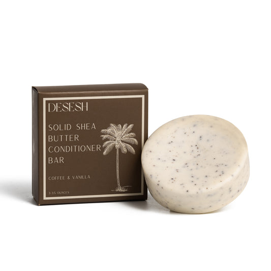 This image shows salon quality Shea Butter solid conditioner bars with plastic free biodegradable packaging for a more sustainable eco friendly zero waste hair care routine. In this image is the coffee and vanilla solid conditioner bar which has no artificial fragrances or colors