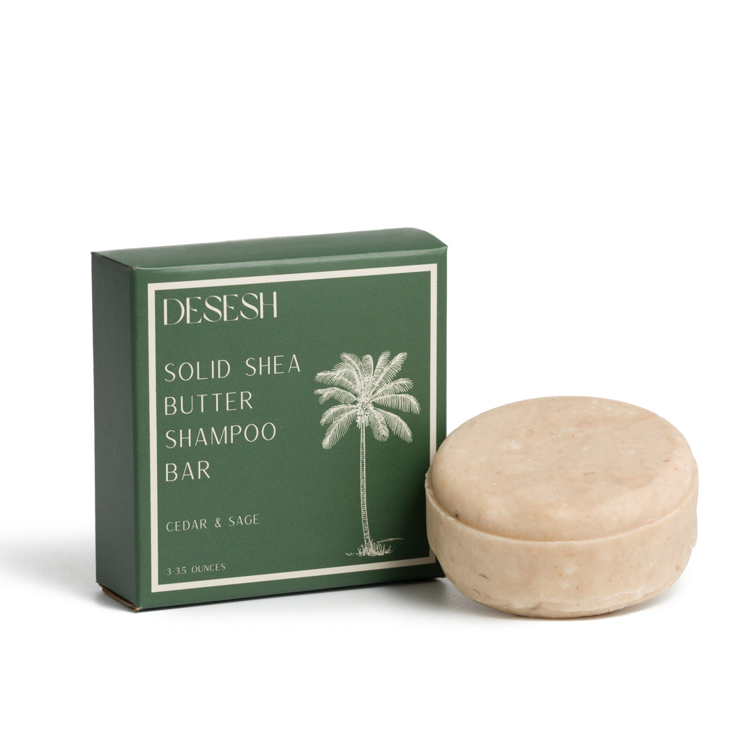 This image shows salon quality Shea Butter solid shampoo bars with plastic free biodegradable packaging for a more sustainable eco friendly zero waste hair care routine. Shown here is the cedar and sage solid shampoo bar which has natural scents and natural colors