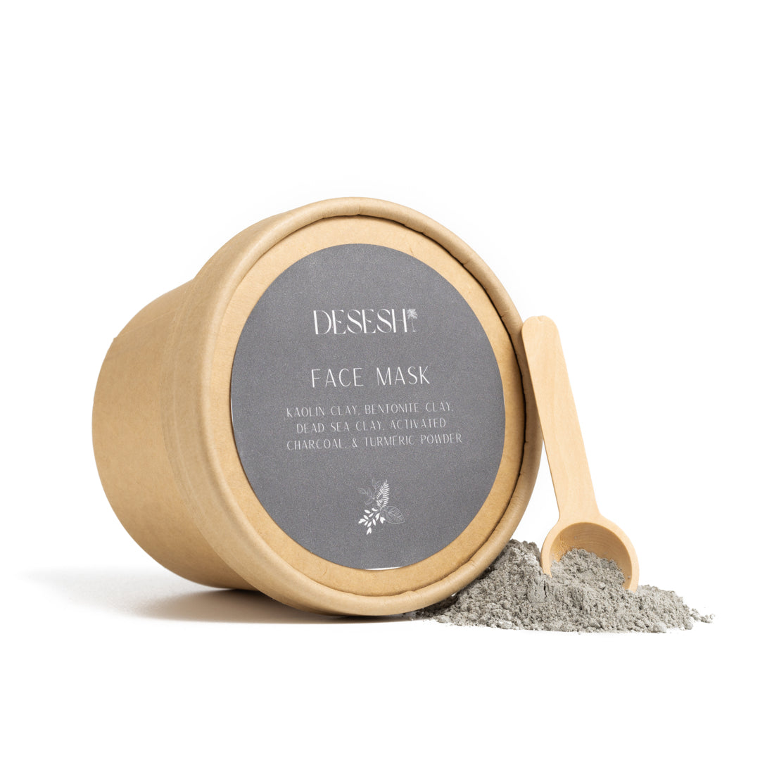 This image shows the Desesh US-made spa quality mineral face mask powder as an alternative to single use face mask sheets for a more environmentally friendly zero waste plastic free self care face mask routine. Shown here is the charcoal face mask powder with clay